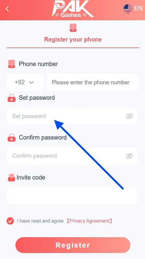 Enter a password for registering